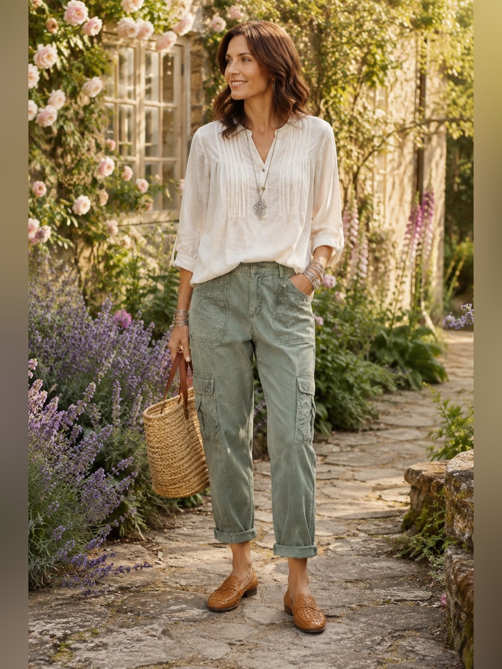 Sundance Femme Voyage Lace Cargo Pants Linen Blend Sage Green Sz 10 Cottagecore